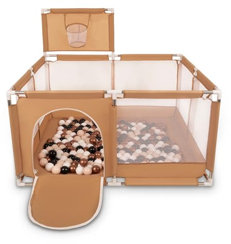 Selonis Parc Bébé Avec 200 Balles Plastiques Aire De Jeu Pliable Basket, Beige : Beige Pastel/Cuivre/Blanc/Noir