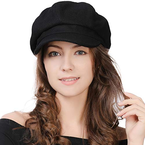 Comhats Damen Ballonmütze warme Schirmmütze Wintermütze Wolle Barett Maler Mütze mit Visor Newsboy Cap 67145_Schwarz(Satinfutte) L