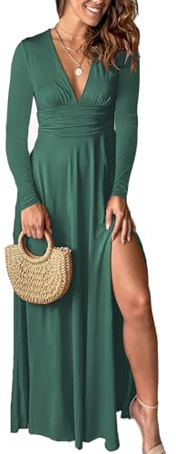 QUNERY Vestidos Mujer Elegant Vestido Cuello en V Manga Larga Dividido Vestido de Cóctel Fiesta para Otoño y Invierno Verde S