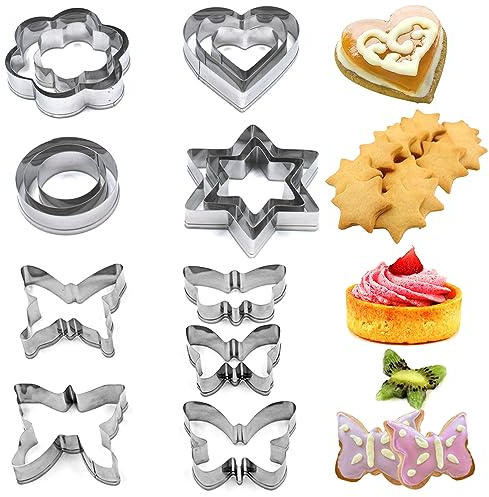 AFUNTA - 17 cortadores de galletas, diseño de estrella, mariposa, flor, corazón, forma redonda, cortador de galletas de metal, formas de cortadores de frutas, cortadores de galletas para hornear