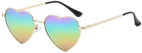 JCTAIFOO Polarisierte Herz Sonnenbrille für Damen Vintage Mode Liebe Form Gold Metallrahmen Nette Party Festival Brille Silber/Regenbogen reflektierend
