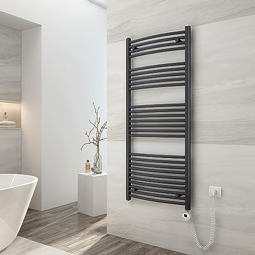 EMKE Handtuchheizkörper Elektrisch 140x60 cm, Gebogen Badheizkörper Elektrisch mit Thermostat, Handtuchtrockner Handtuchwärmer mit Timer Anthrazit 600 Watt