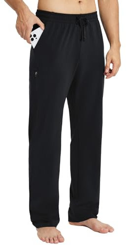 baleaf Herren Breite Jogginghose Baumwolle Freizeithose Gerades Bein Sporthose Herren Lang Yogahose Klassische Trainingshose mit Taschen Schwarz L