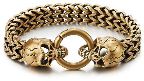 COOLSTEELANDBEYOND Gotik Biker Herren Vintage Bronze Schädel Franco Link Panzerkette Armband aus Edelstahl mit Federringverschluss