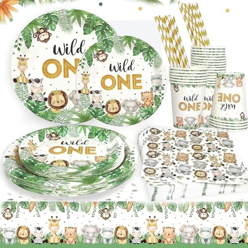 Jungle Safari Party Tableware, Wild One Tableware, Jungle Animals Party Supplies, Wild One Birthday, Safari Animal Birthday, Napkins, Cups, Tablecover, 61pc Set