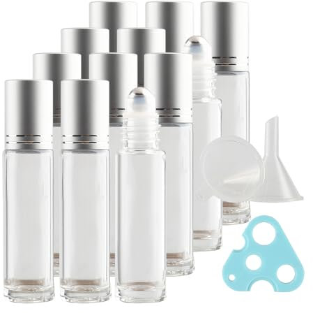BPZXL 24 pièces 10ml Transparent Flacons Roll-on en Verre Flacon Roller Rechargeable avec Couvercle Argent, pour le parfum Huiles essentielles Parfums