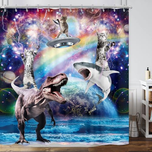 Lustiger Katzen-Duschvorhang, coole lustige Katze reitet Dinosaurier-Hai auf Fantasy-Universum, Galaxie, Weltraum, UFO, Kinder-Duschvorhang, lustig, skurriles Anime-Stoff-Duschvorhang-Set, 183 x 183