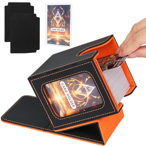 Jamiukro Card Deck Box für MTG Commander, TCG-Kartenbox, PU Leder Magnetic Sammelkarten Aufbewahrungsbox, für 100 doppelärmelige Karten, Schwarz & Orange