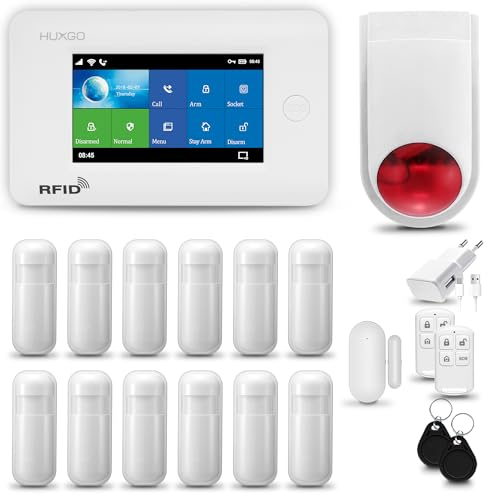 HUXGO® HXA006 Kit Alarma casa WiFi + gsm 4G LTE con Sirena inalámbrico| Alarma hogar Kit con 12x sensores PIR de Movimiento, 1x Sensor de Puerta/Ventana | Control Desde el teléfono