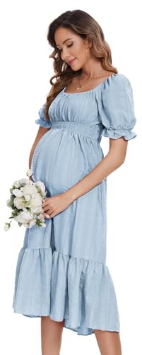 KOJOOIN Damen Umstandskleid Kurzarm Schwangerschaftskleid Midi Hohe Taille Stillkleid Mit Rüschen(Verpackung MEHRWEG)