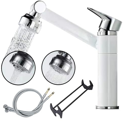 TradeProvider® - Grifo mezclador para fregadero de cocina, giratorio de 360°, 2 unidades, manguera flexible de 10 m x 1/2 (600 mm), llave hexagonal de cuatro garras para fregadero (blanco y cromado)