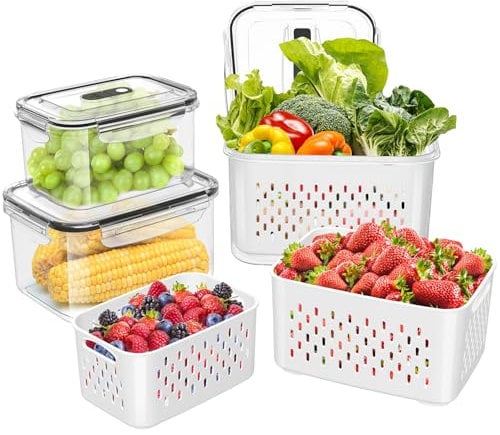 3PCS Boîtes de Conservation Alimentaire Boîte Rangement Frigo Avec Passoire Amovible Boîte Hermétique Alimentaire Pique Nique Récipients de Conservation pour Fruits Légumes(3pcs avec poignée)