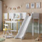 Kinderbett Hochbett Einzelbett 90x200 für Kinder, Holzbett mit Rutsche, Tisch, abnehmbarem Regal und Leiter, Bettgestell mit Rausfallschutz und Lattenrost, Etagenbett Spielbett, Kiefer, Weiß+Natur