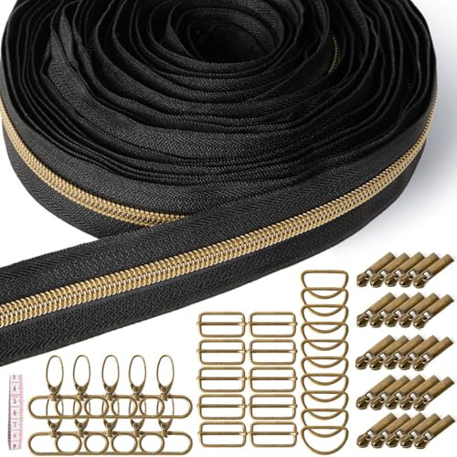 Sonekin Reißverschluss, 9 m Endlosreißverschluss mit Zipper, 25 Stück Reißverschluss Schieber, 30 Stück Metallzubehör Zum Nähen von Handtaschen, Geeignet Zum Nähen und Basteln (Bronze)