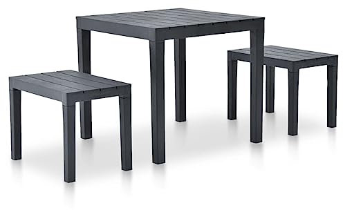 THOYTOUI Gartentisch, Garten essgruppe Terassenmöbel außen Lounge Set Outdoor Outdoor Furniture Geeignet für Veranda Terrasse Garten Balkon mit 2 Bänken Kunststoff Anthrazit