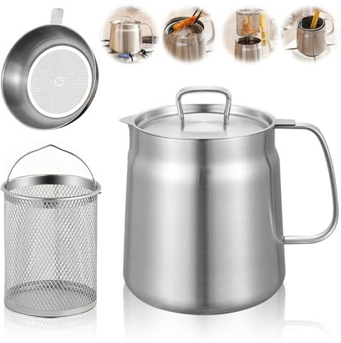 Hengrongshen Frittiertopf 2L, Frittiertopf mit Sieb aus Edelstahl, Fettbehälter, Frittierkorb für Topf mit Staubdichte Deckel, Ölbehälter zum Aufbewahren von Brat und Kochfett