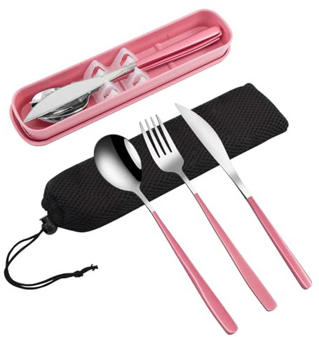 VANRA Lot de 3 ustensiles de voyage portables avec étui en acier inoxydable 18/8 réutilisables avec fourchette, cuillère, couteau pour déjeuner, voyage, camping, école, travail, pique-nique (rose)