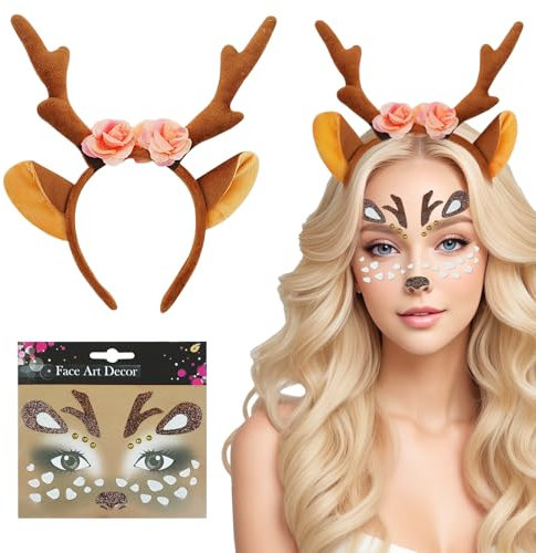 NebulaGlam Haarreif Reh Geweih Hörner Rehohren + Reh Gesichtstattoo, Karneval Kostüm Damen Mädchen, Damen Kinder Reh kostüm Kopfschmuck Haarreifen Fasching Mottoparty Halloween Kostüm