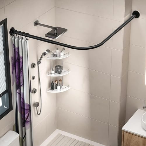 Gebogen Duschvorhangstange L Form, Nicht-Slip Ecke Duschstange Edelstahl, Verstellbare Duschvorhang Spannstange Ohne Bohren, Für Badezimmer Dusche Badewanne Um(Size:B 70-95cm x 90-130cm,Color:Schwarz)