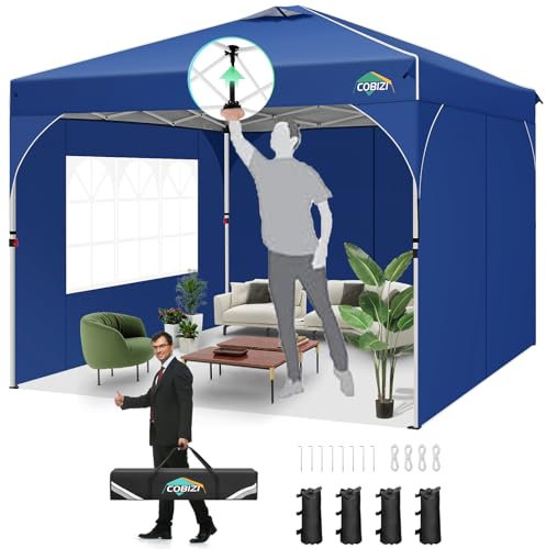 COBIZI Faltpavillon 3x3 Wasserdicht Stabil,EIN-Tasten-Zentralverriegelung,Partyzelt mit Entlüftung,Fluoreszierenden Streifen,3 Seitenteilen,4 Sandsack, Höhenverstellbar,Gartenzelt für Party,Navy Blau