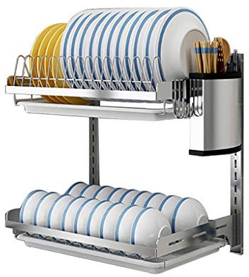 Estante flotante para secar platos, montado en la pared, 2 niveles, gran capacidad, soporte multiusos para utensilios de cocina, organizador de cubiertos para ahorrar espacio, resistente al óxido, con