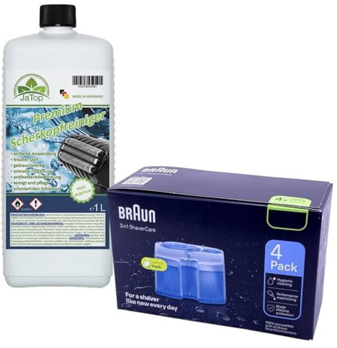 4 Stück Original Braun Clean + Renew CCR Kartuschen Neues Design + 1l JaTop Nachfüllung passend für alle Braun Reinigungsstationen (ohne Originalkarton)