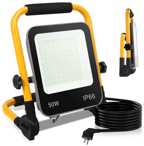 Fiqops 2x LED Baustrahler 50W 4000LM, Baustrahler LED mit stativ und 3m Kabel,LED Arbeitsleuchte mit Stecker,IP66 Wasserdichter Arbeitsscheinwerfer für Garage Werkstatt Baustelle,Kaltweiß