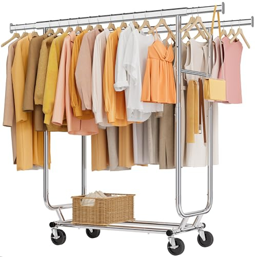 Tajsoon Schwerlast-Doppelkleiderständer, 218 kg Tragkraft, Rollbarer Kleiderständer zum Aufhängen von Kleidung, Zusammenklappbarer Kleiderständer mit Rollen, Chrom
