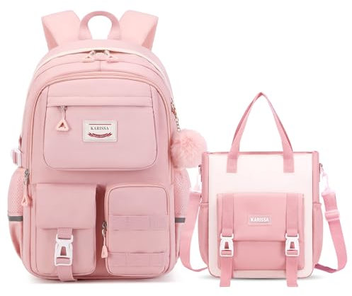 Amythe Schulrucksack Mädchen 2 Teilig, 29 Liter Rucksack Schule Teenager, Schulranzen für Mädchen der 3. 5. bis 7. Klasse, School Bag Set mit Einkaufstasche, 47cm - Rosa