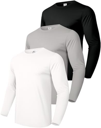 Boyzn Men's 3 Pack Men's Cotton Long Sleeve T-Shirt Loose Fit UPF 50+ Running Fishing Hiking Shirt Black/White/Grey-3P07-L