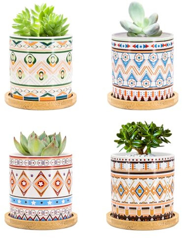 Seahelms Juego de 4 macetas de cerámica para suculentas de 7,5 cm, macetas pequeñas de interior con bandeja de bambú para decoración del hogar y la oficina