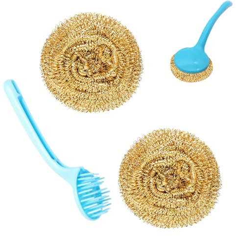 Cuivre Paille en Acier 2 pièces +1 poignée, éponges de Cuisine, Paille en Laine d'acier utilisée pour Les Plats, casseroles, Fours et dégraissage mécanique Facile pour Un Nettoyage Dur de la Cuisine