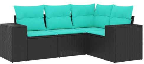 vidaXL 4-teiliges Gartensofa-Set mit Kissen, schwarzes Polyrattan