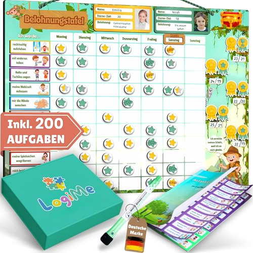 𝐋𝐨𝐠𝐢𝐌𝐞® Belohnungstafel für Kinder [200 AUFGABEN] - XL Aufgabenplaner magnetisch - Montessori Belohnungssystem - Wochenplaner ab 3 4 5 6 7 8 Jahre - Sternchenplan ADHS Magnettafel (Abenteurer)