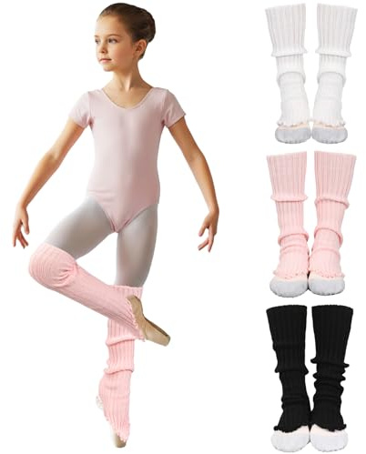 Shyyween 3 Pairs Ballet Leg Warmers for Girls Toddler Teens Stirrup Ankle Warmers Knitted Socks for Dance Practice Yoga (Black, White, Pink,18 Inch)