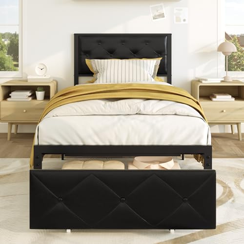 Vendricasa Single Bed Frame, Black Metal Bed Frame Single 90 x 190 cm with Charging Station (1 AC Socket, 1 USB‑A, 1 Type‑C Port) and Upholstered Headboard, Wheeled Basket, Easy Assembly