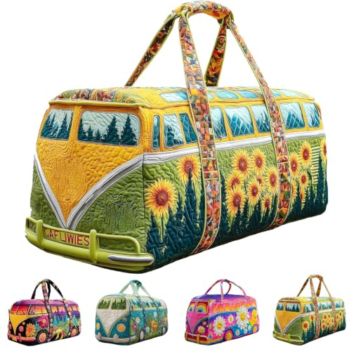 Hippie Van Quilted Duffle Bag Damen mit Steppnähten und 3D-Druck, Hippie Bus Tasche Boho Wochenendtasche, Retro Ideal für Kurztrips und Handgepäck(D)