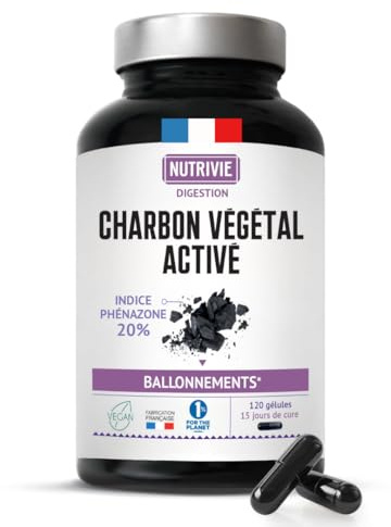 Nutrivie Charbon Végétal Activé 2120 mg, 120 Gélules | Haute Capacité d'Absorption, Issu de Noix de Coco, Ballonnements, Ventre gonflé & Flatulences, 100% Naturel