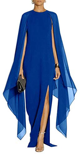 MuCoo Women's Elegant High Split Flared Sleeve Long Formal Evening Gown Dress with Cape Blue M