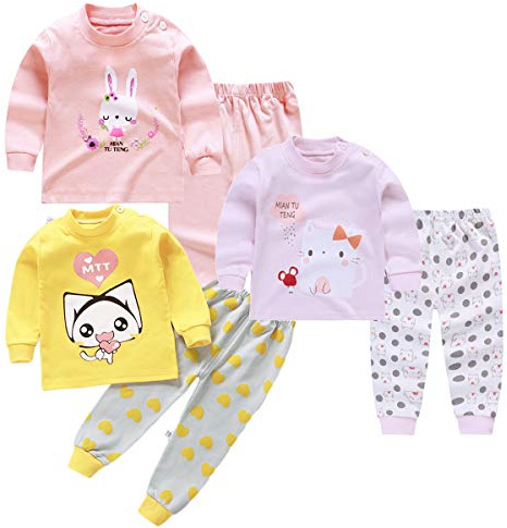 XM-Amigo Bébé&Filles 3 Ensembles Pyjama 100% Coton Doux Haut et Pantalon | Imprimé motifs animés, tissu coton doux, peut être porté comme pyjama ou sous-couche hivernale