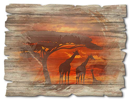 ARTland Wanddeko Bild aus Holz Holzbild vintage Deko 40x30 cm Querformat Afrika Safari Tiere Giraffe Herde Sonnenuntergang Savanne S8WS