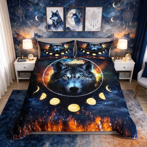 Loussiesd 3D-Druck Wolf Bettbezug-Set Super King Size Tiermuster Bettwäsche Set für Kinder Jungen Galaxy Traumfänger Mikrofaser Polyester Schmusetuch Bezug mit 2 Kissenbezügen, 3-teilig, blau
