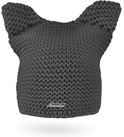 Neverless® Damen Strickmütze Katze Katzenohren Winter-Mütze Grobstrickmuster Strick-Beanie dunkelgrau