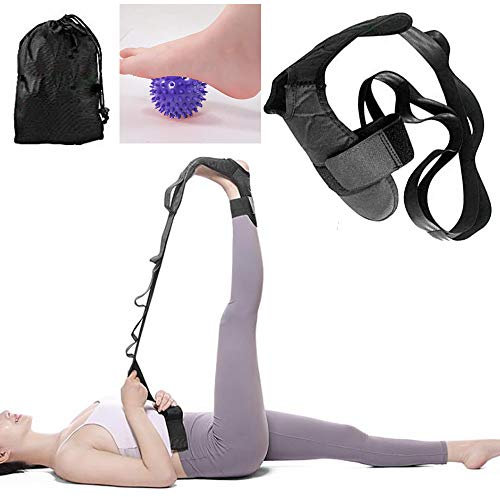 Autonomier Fuß- und Wadenstrecker, Beinstrecker, Oberschenkelstrecker, Dehnungsgurt für Plantarfasziitis, Fersensporn, Fußtropfen, Achillessehnenentzündung, inklusive Tasche und Massageball (schwarz)