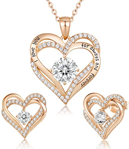 CDE Schmuckset Damen Muttertagsgeschenk 925 Sterling Silber Forever Love Herz Rosegold Geburtsstein Halskette und Ohrringe Set für Frauen Schmuck Geschenk Geburtstag Valentinstag Weihnachten