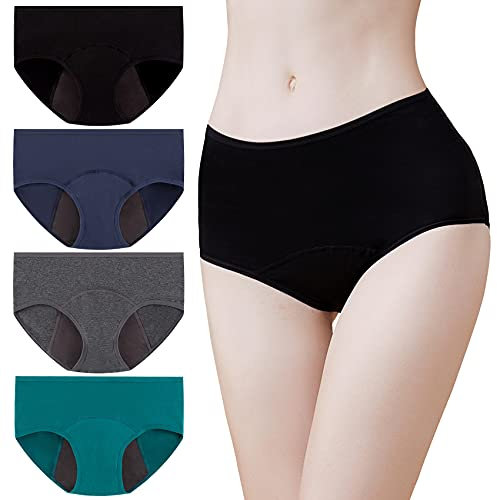 Momoshe Perioden Unterwäsche String Damen 4er Pack Baumwolle Unterhosen Frauen Menstruation Panty Absorbierend Schwarz Dunkelgrau Marine Grün M