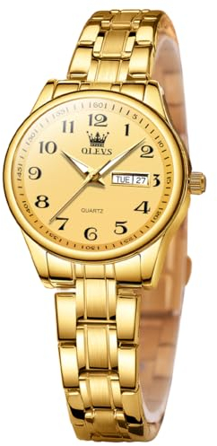 OLEVS Damenuhr Classic Easy Read Number Dial Edelstahl Strap Fashion Analog Quarz Datum Wasserdicht Damen Uhr, Gold, Armband