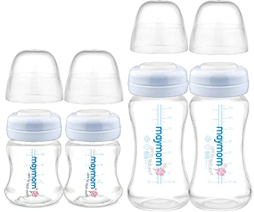 Maymom Weithals-Milchbehälter mit Kuppelverschluss, SureSeal Dichtungsscheibe; kann Spectra S1 S2 Flaschen ersetzen, kompatibel mit Lansinoh Nippel (140 ml, 2 Stück & 280 ml, 2 Stück)