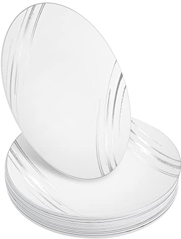 STACKABLES ~ 20 Pack Hard Plastic Plates ~ 8'' White Party Plates with Silver Design ~ Lightweight Dinnerware Reusable Dishware Plate Set for Weddings and Parties