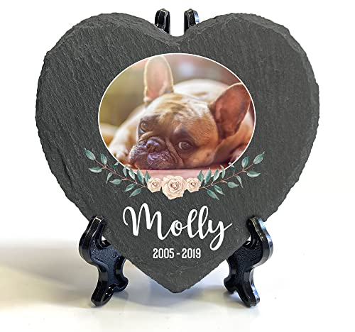 Individueller Personalisiert Herzform Tiergrabstein Schiefer Gedenkstein + Ständer für Hund, Katze und andere Haustiere Tiere - Größe | 10 x 10 cm | - Blumenrahmen-Foto